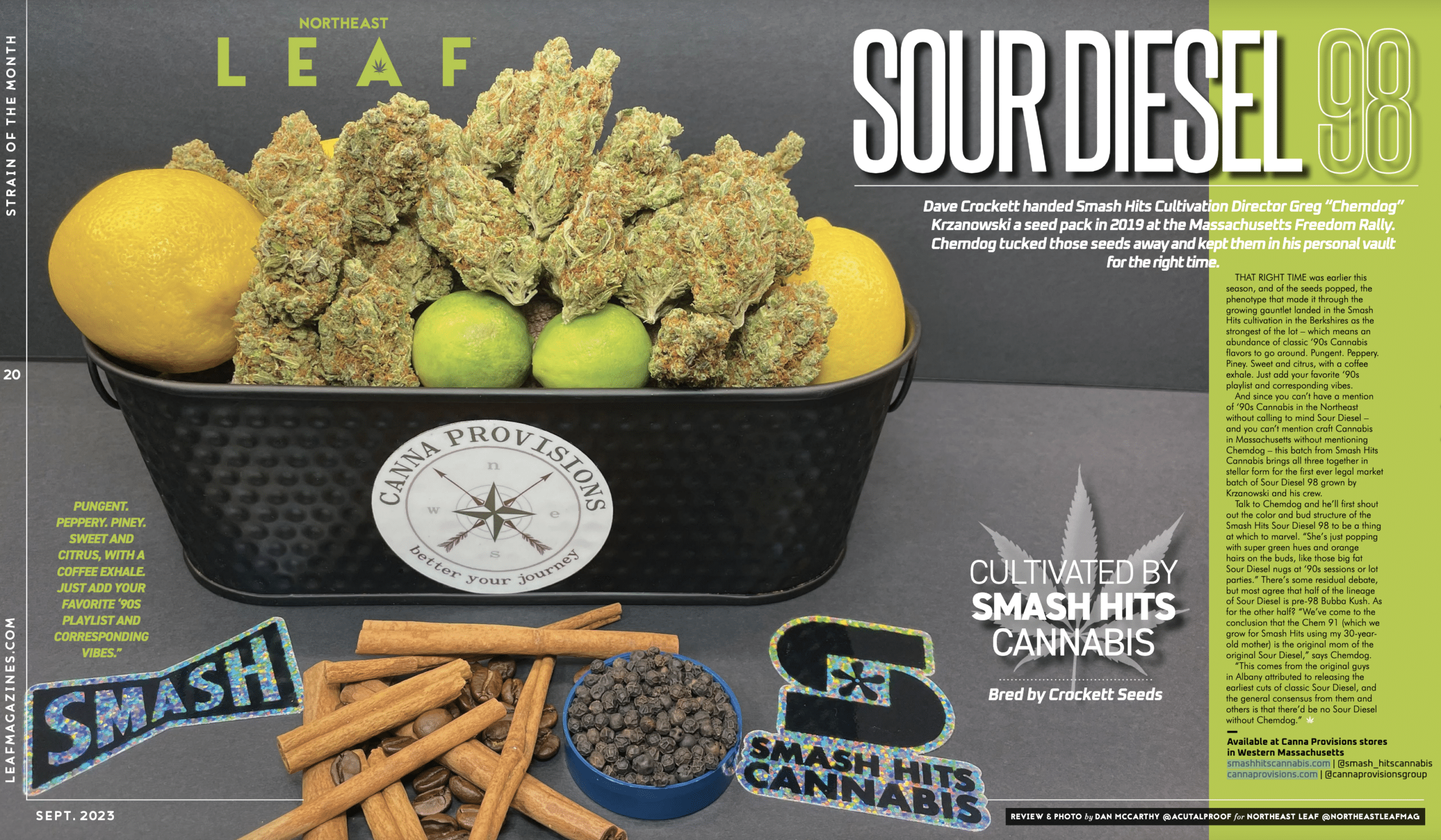 Centerfold spread of the Strain of the Month for Northeast Leaf Magazine featuring Sour Diesel 98 by Smash HIts cannabis