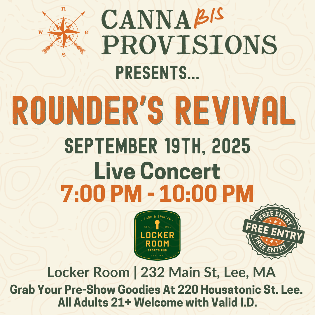 Rounder’s Revival live concert at the Locker Room in Lee, MA, Sept. 19, 2025, presented by Canna Provisions during Founders Weekend. Free entry, 21+.