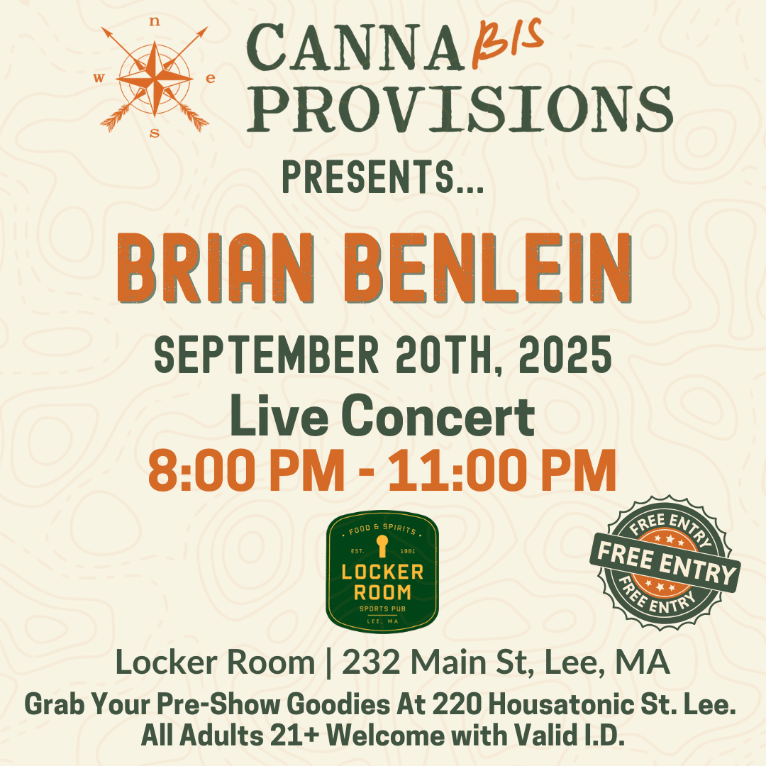 Brian Benlein live concert at the Locker Room in Lee, MA, September 20, 2025, presented by Canna Provisions during Founders Weekend. Free entry, 21+.