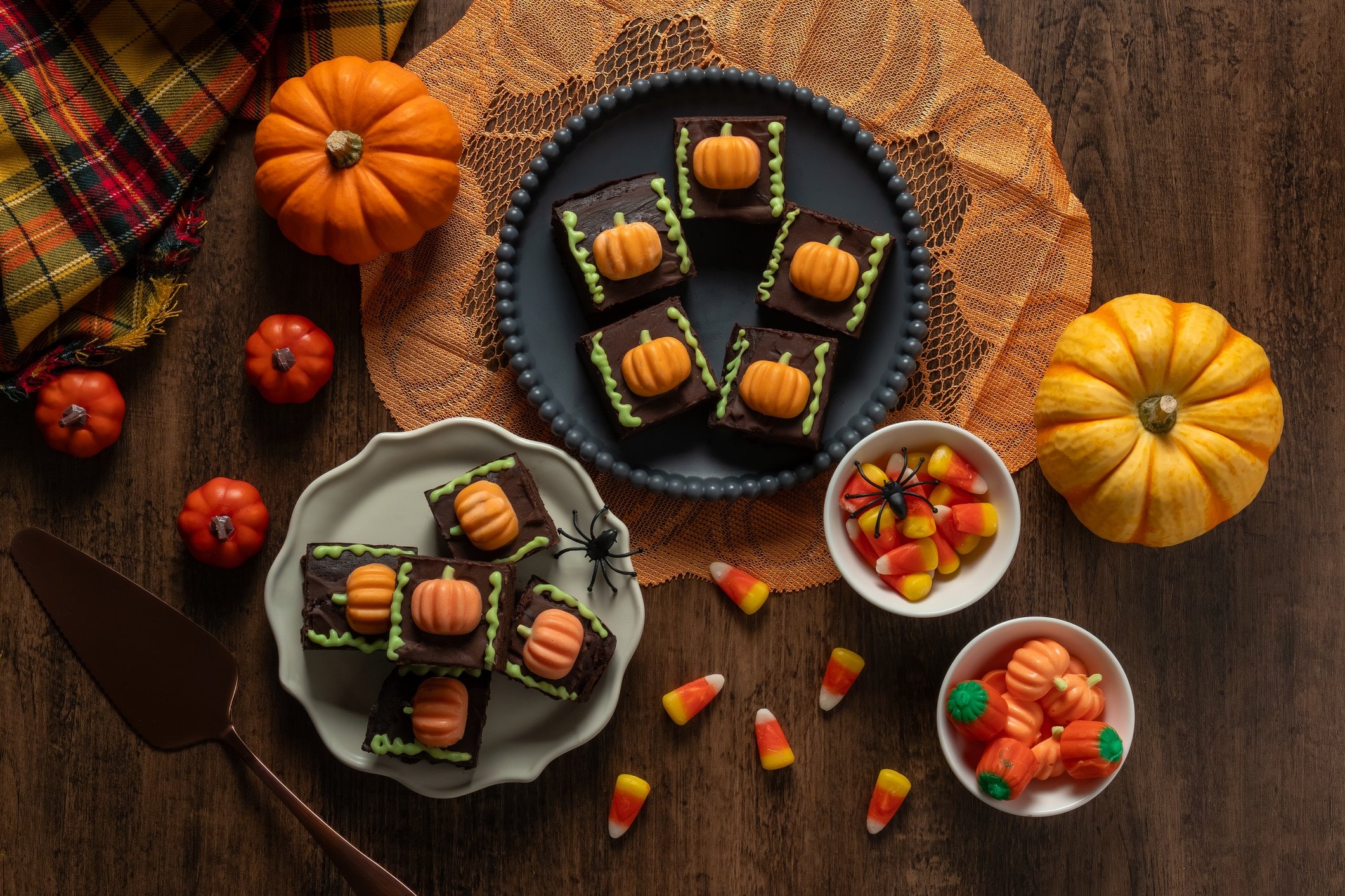 Homemade brownies with chocolate pumpkins on plate