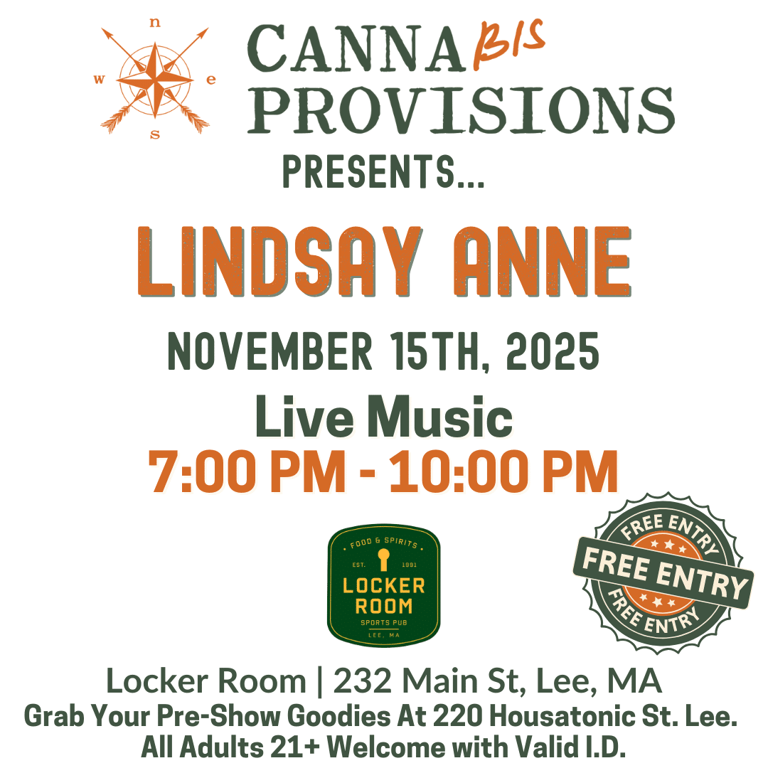 Canna Provisions Presents Lindsay Anne live music at The Locker Room in Lee, MA on November 15, 2025, from 7–10 PM, free entry.