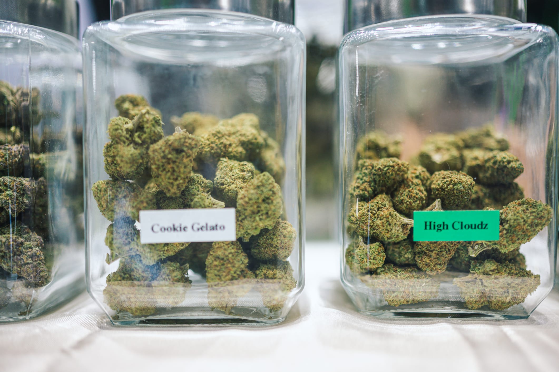 labeled cannabis strains in glass jars 