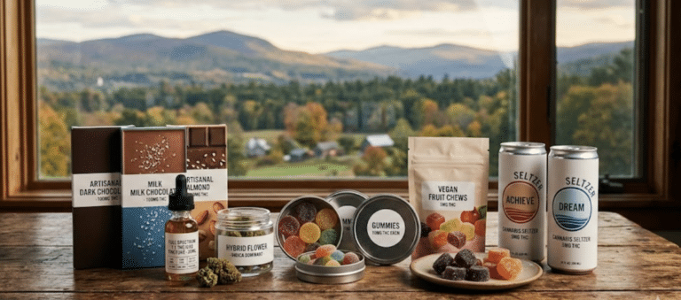 Cannabis chocolate bars, gummies, tinctures, and THC beverages with Berkshires mountain backdrop