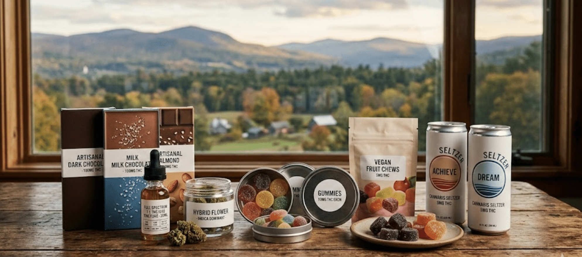 Cannabis chocolate bars, gummies, tinctures, and THC beverages with Berkshires mountain backdrop