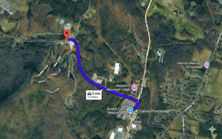 A map demonstrating how close Canna Provisions Pittsfield location is to Bousquet Mountain in Pittsfield, MA
