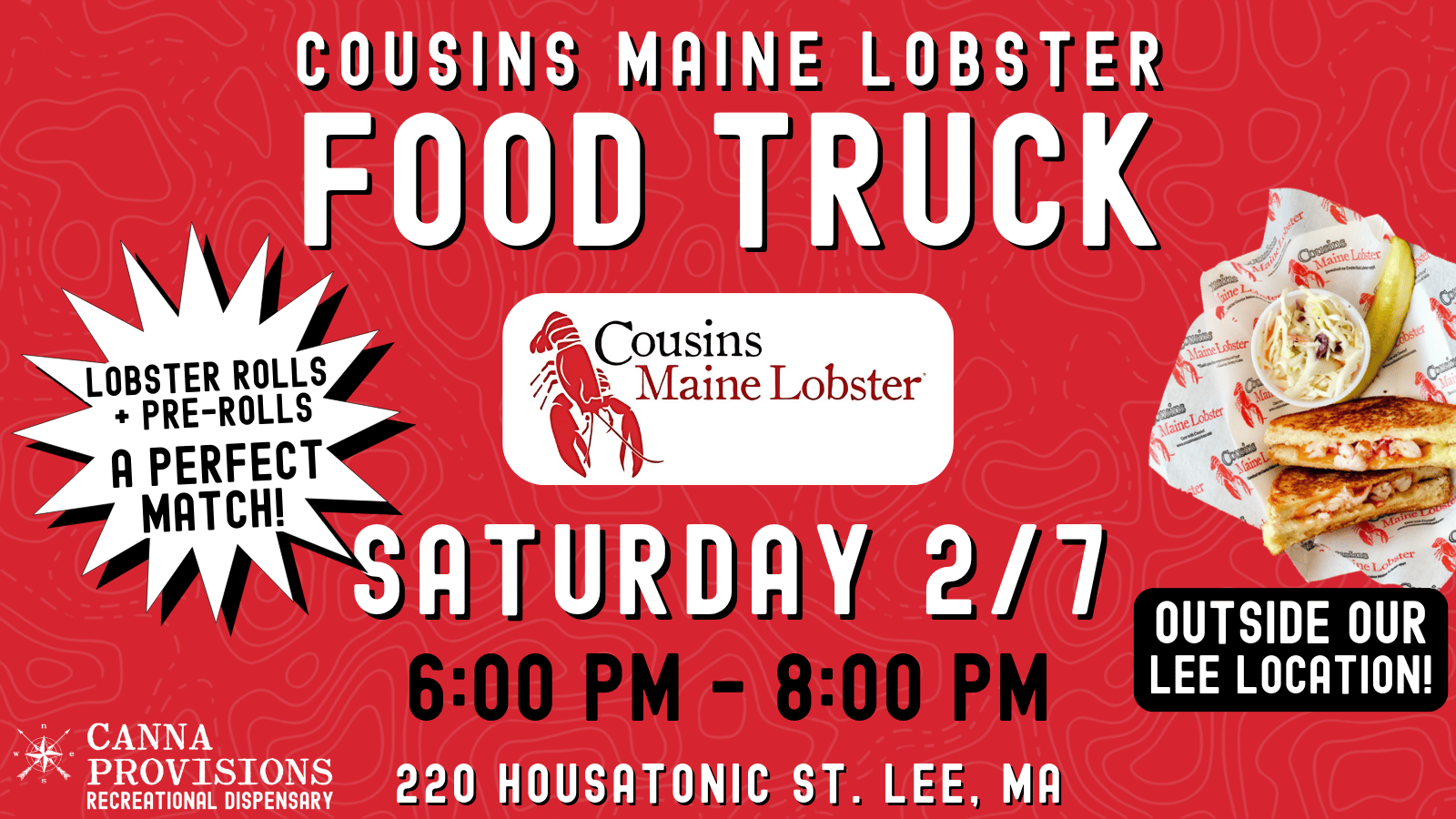 Cousins Maine Lobster food truck pop-up at Canna Provisions Lee in Massachusetts