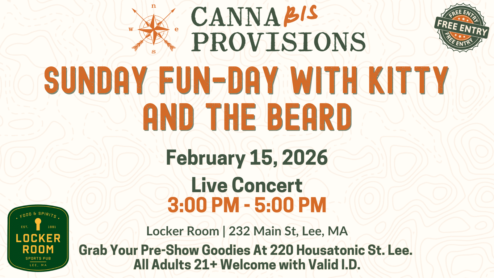 Sunday Fun-Day with Kitty and the Beard live concert at Locker Room Sports Pub in Lee MA presented by Canna Provisions