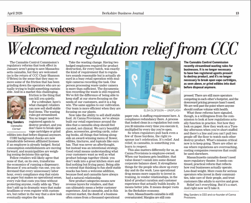 Meg Sanders CEO Canna Provisions April 2026 Berkshire Business Journal op ed March 2026 CCC guidelines