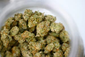 Marijuana buds in a bowl, medical or recreative, copy space