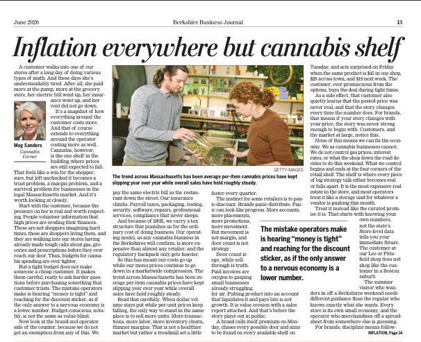 Inflation is everywhere op-ed featuring Curated cannabis product selection on dispensary shelf at Canna Provisions Massachusetts Berkshires