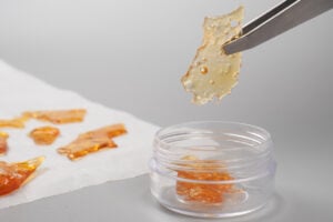 golden cannabis crumble with high thc.