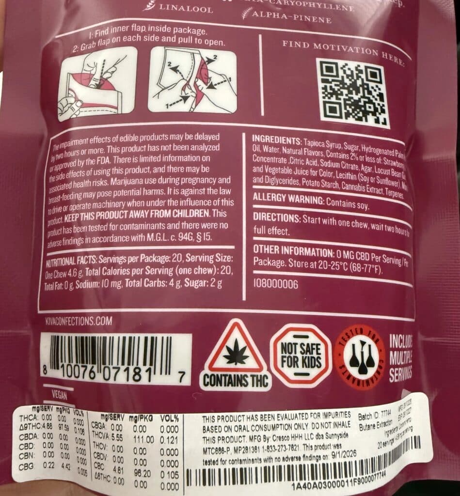 Massachusetts cannabis edible label showing THC content, serving size, ingredients, safety warnings, batch number and testing information.