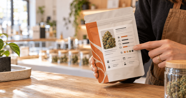 Massachusetts cannabis label guide showing a budtender explaining THC, TAC and terpene information at Canna Provisions.